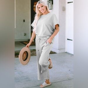Double Take Full Size Texture Short Sleeve Top and Pants Set